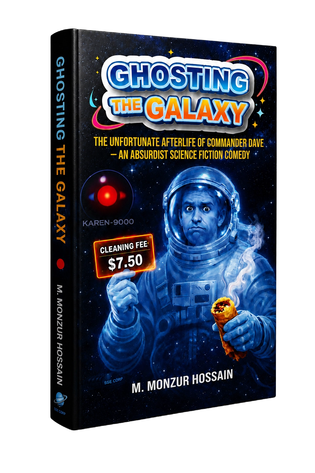 Ghosting the Galaxy Book 1 Cover — An astronaut ghost holding a burrito in space